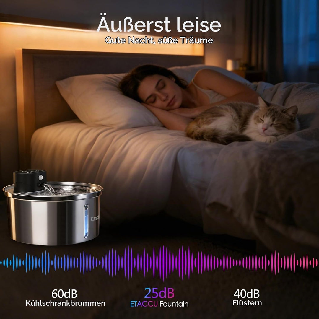 ETACCU Trinkbrunnen für Katze Kabellos, 3.2L Katzenbrunnen Edelstahl mit 3m Bewegungsmelder, 5000mAh