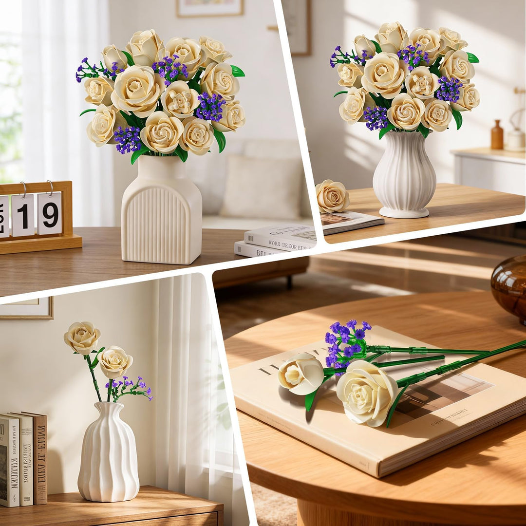 Weisse Rosenblumenstrauss-BAU Set 523 Teile Pflanzen-Sammlung Bausteinspielzeug, 12 Blumen als Heim-