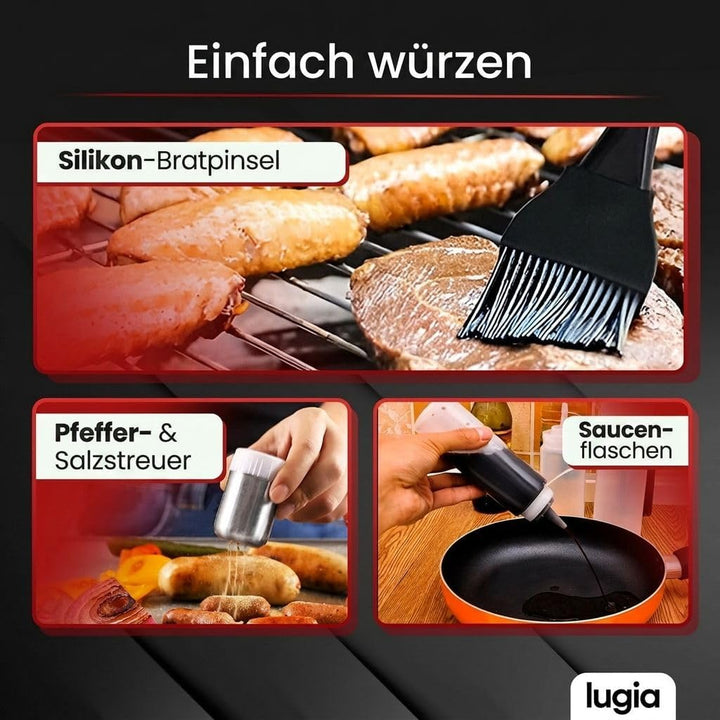 BBQ Grill Zubehör Set 34-teilig aus Edelstahl – Komplettes Grillbesteck mit Zange, Spateln, Burgerpr