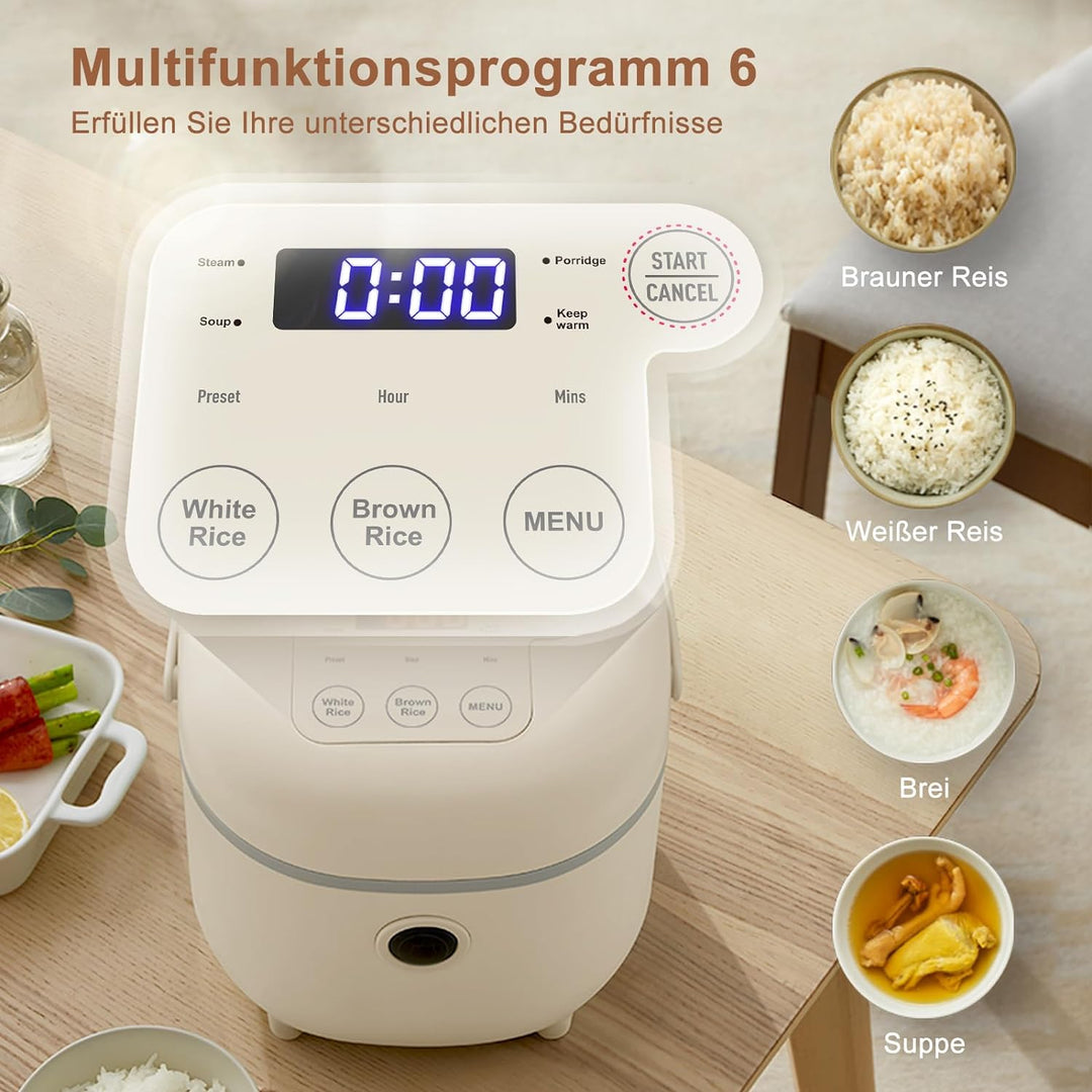 Bear Reiskocher 2L mit Dampfgarer, 6 Reiskochfunktionen mit braunem Reis, Dampf, Brei, Suppe, Vorein