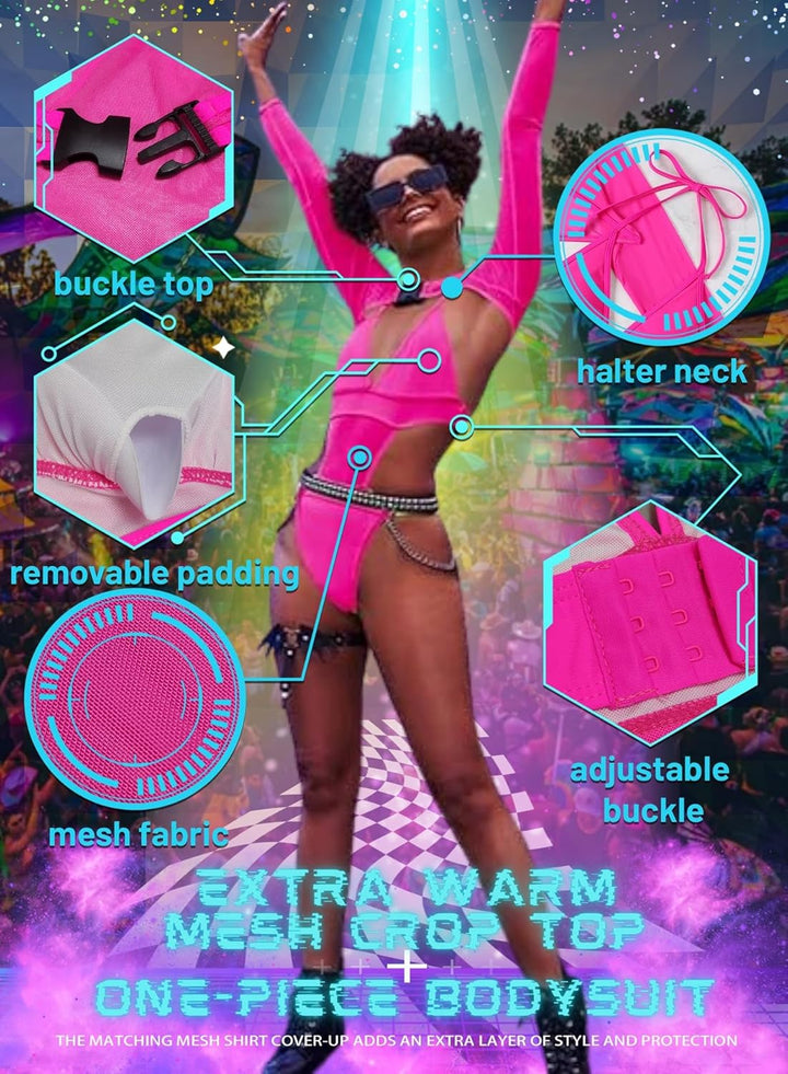 Rave Outfits Für Damen - Festival Outfit Sexy Neon Bauchweg One Piece Badeanzug Shapewear Mesh Jumps