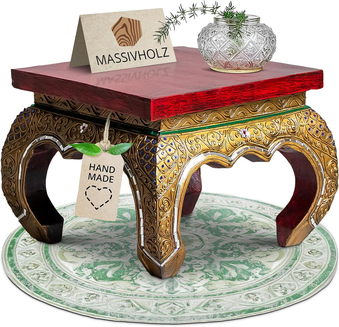 livasia Opiumtisch mit Glasmosaikverzierungen, Beistelltisch aus Holz, Nachttisch, asiatischer Hocke