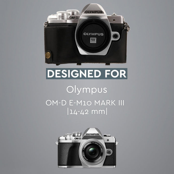 MegaGear Olympus OM-D E-M10 Mark III (14-42mm) Ever Ready Leder Kamera-Case mit Trageriemen und Batt