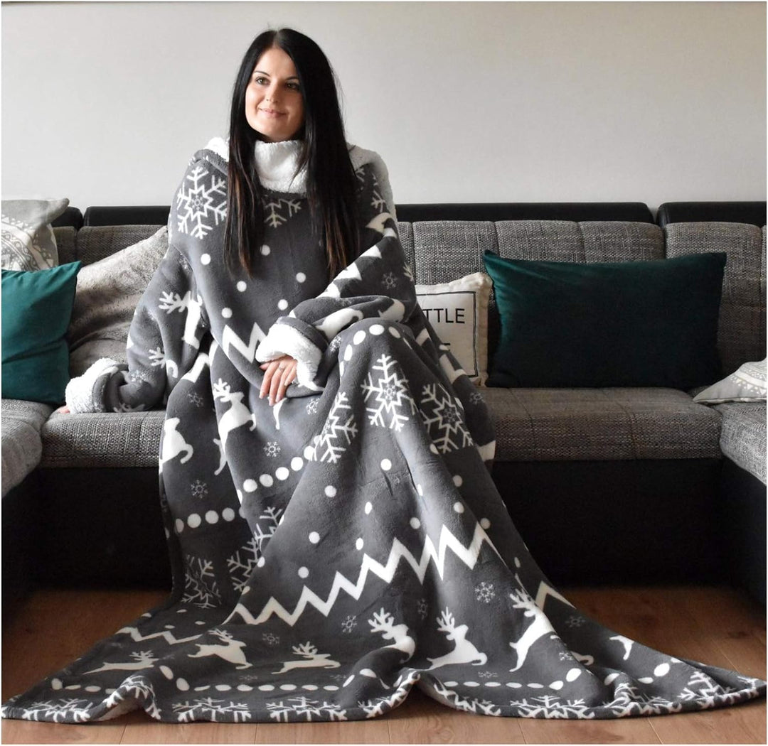 HOMELEVEL Sherpa Kuscheldecke mit Ärmeln Ärmeldecke 200cm x 150cm Dunkelgrau Norweger/Sherpa, Dunkel