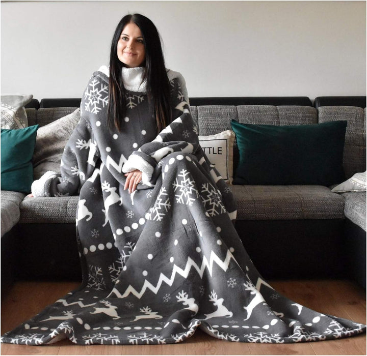 HOMELEVEL Sherpa Kuscheldecke mit Ärmeln Ärmeldecke 200cm x 150cm Dunkelgrau Norweger/Sherpa, Dunkel