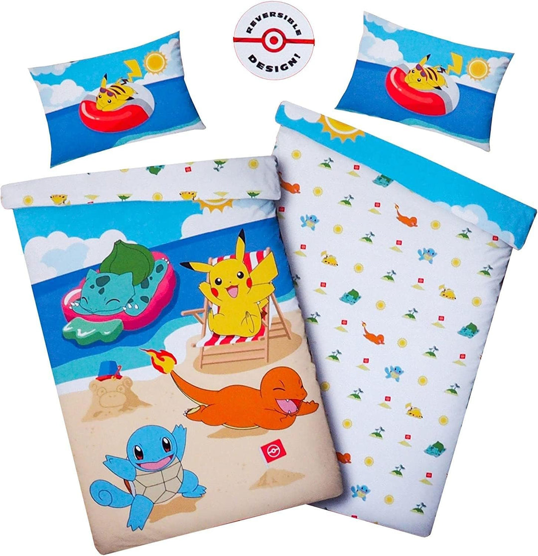 Halantex Bettbezug Pokémon Sunny Single, 100% Baumwolle, europäische Grösse, 140 cm x 200 cm, Blau/W