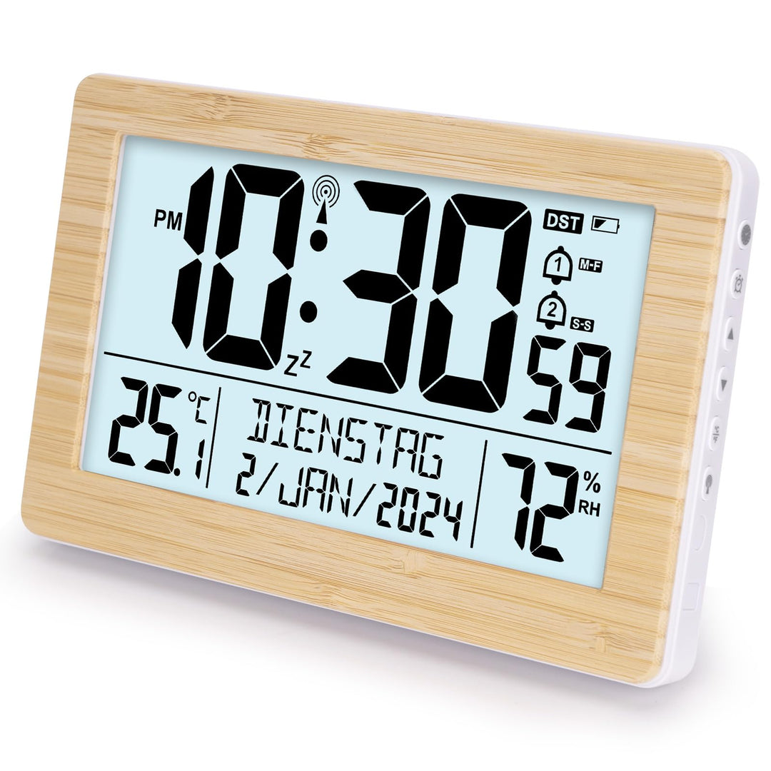 Wecker Digital Funkuhr Tischuhr mit grossem LCD-Display, Kalender, Temperatur, Luftfeuchtigkeit, Hin