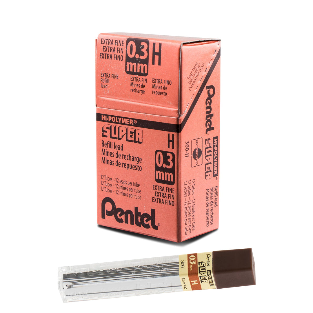 Pentel Super Hi-Polymer Nachfüllmine, 0,3 mm Mine, Klasse H, 1 Packung mit 12 Tuben, (12 Leads pro T