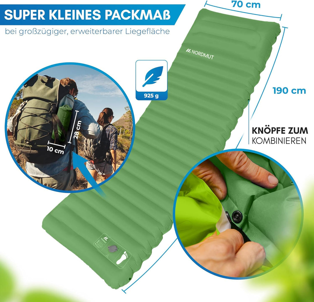 NORDMUT® Isomatte Schnellaufblasend mit integrierter Fusspumpe 10 cm - Isomatte Camping mit kleinem