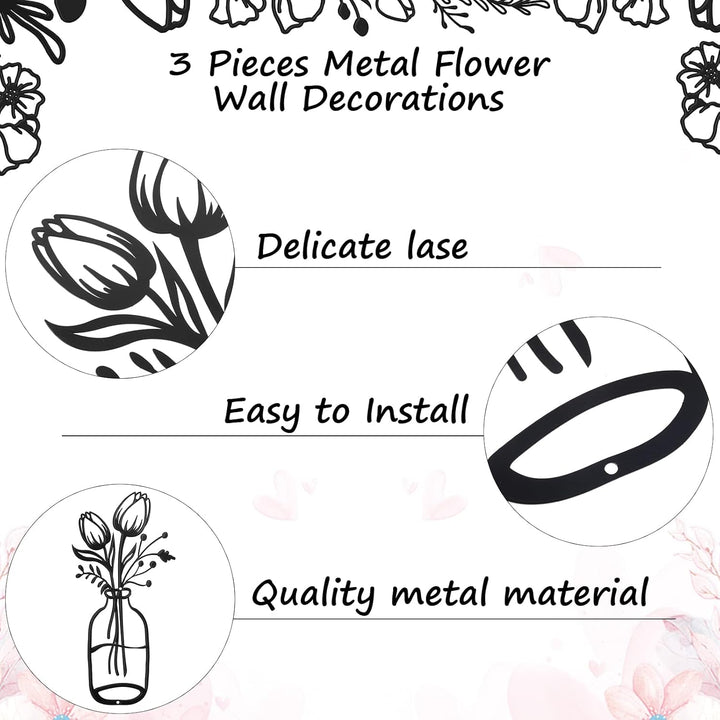 Hotop 3 Stück Metall Blumen Wanddekoration Minimalistische Vase Wandkunst Schwarze Tulpe Draht Eisen