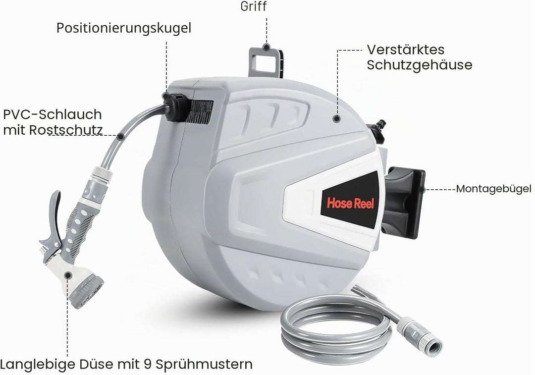 Schlauchtrommel 30m+2m mit Handbrause und Gartenschlauch, Schlauchaufroller 180° Schwenkbügel, Autom
