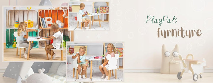 Kindertisch + Bärenstuhl Set 60×50×47cm – Kinder Tisch &amp; Stuhl aus MDF &amp; Holz – weisses Design mit n