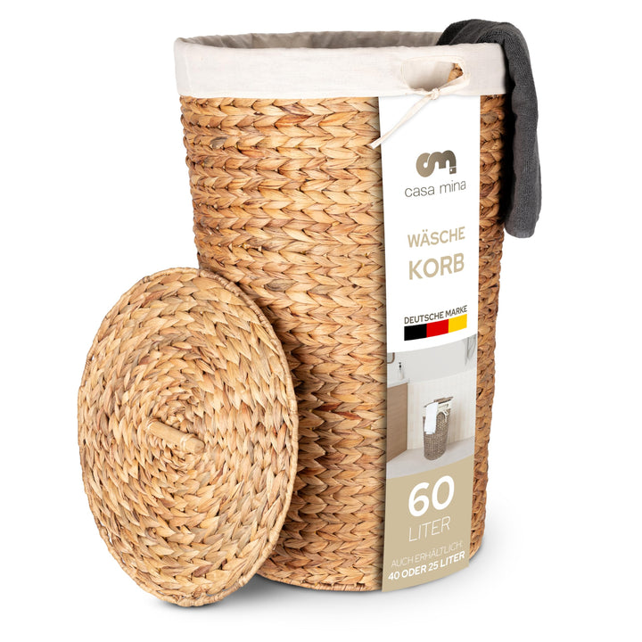 Casa Mina® Wäschekorb mit Deckel D40 x H65cm hoch I Atmungsaktiver Wäschekorb geflochten aus 100% Na