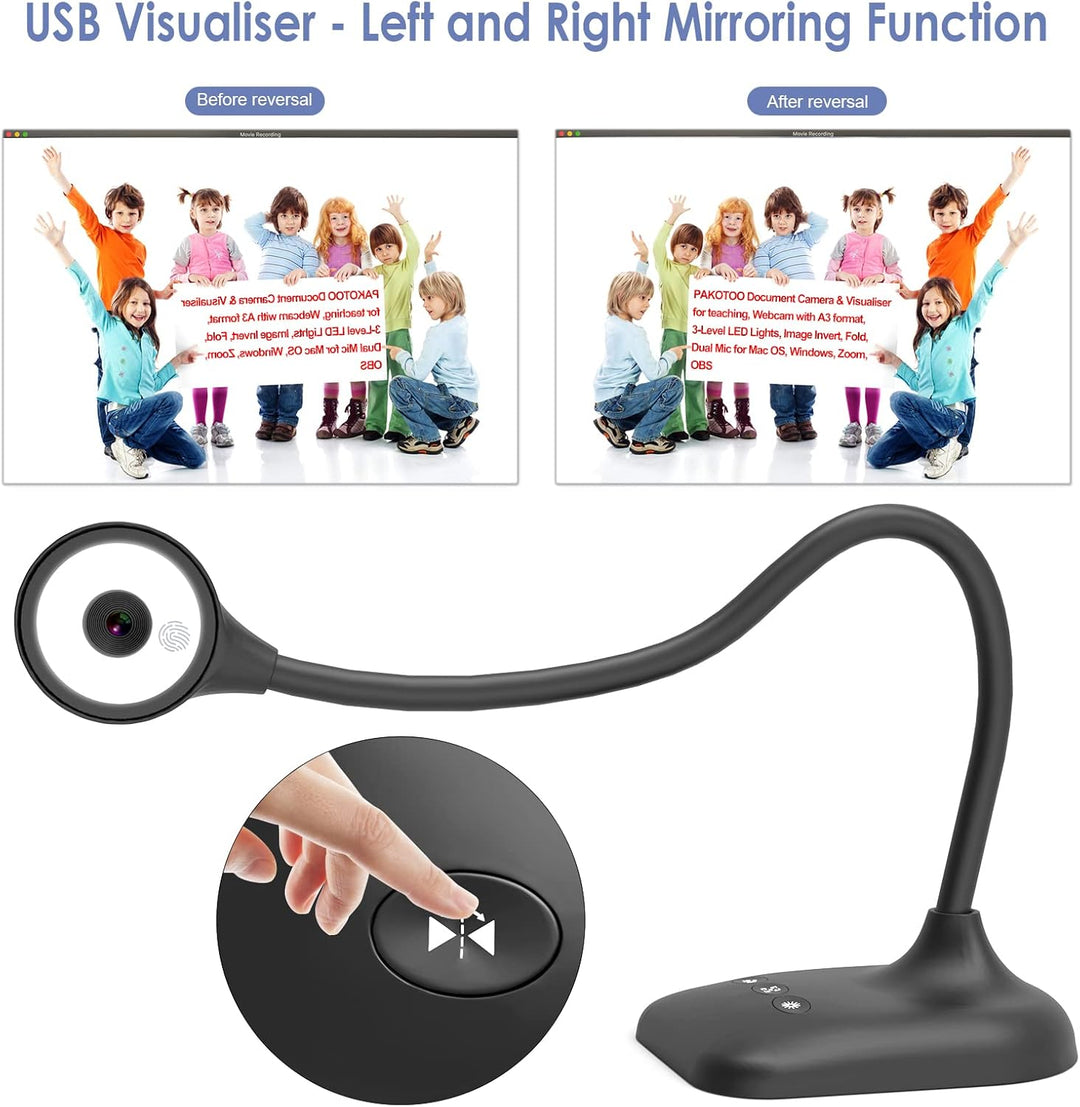 PAKOTOO USB Dokumentenkamera &amp; Visualizer Schule im A3-Format, 3-stufige LED-Leuchten, Bildumkehrung