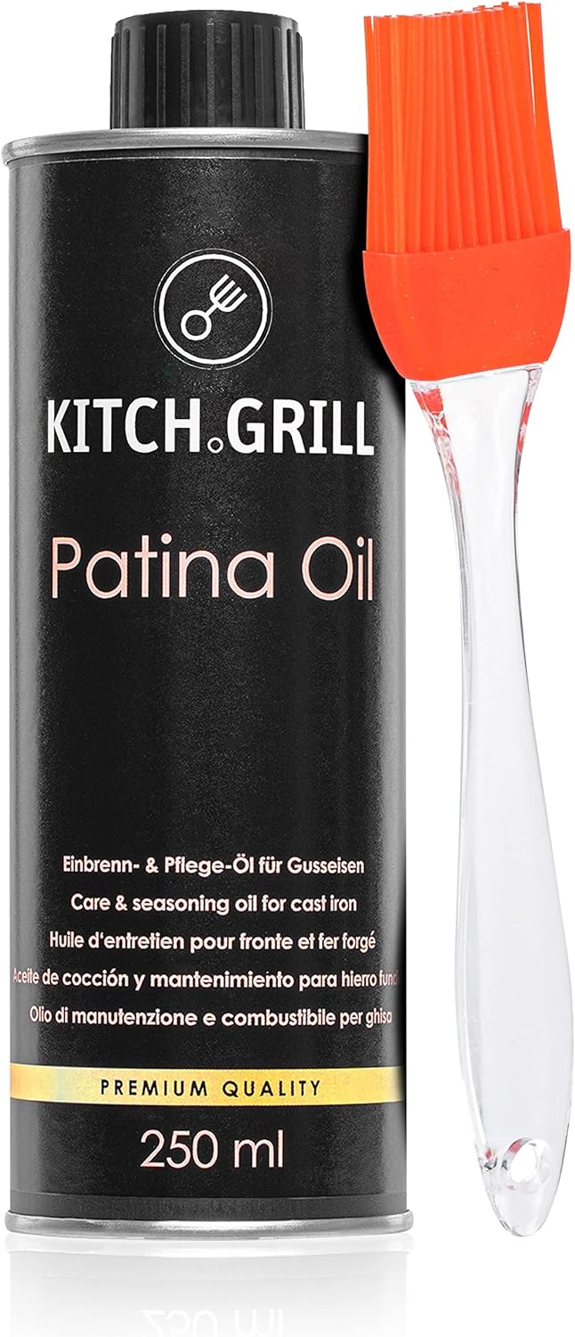 KitchGrill Einbrenn- und Pflegeöl inkl. Silikonpinsel | 250 ml | Patinaöl für Gusseisenpfannen und -