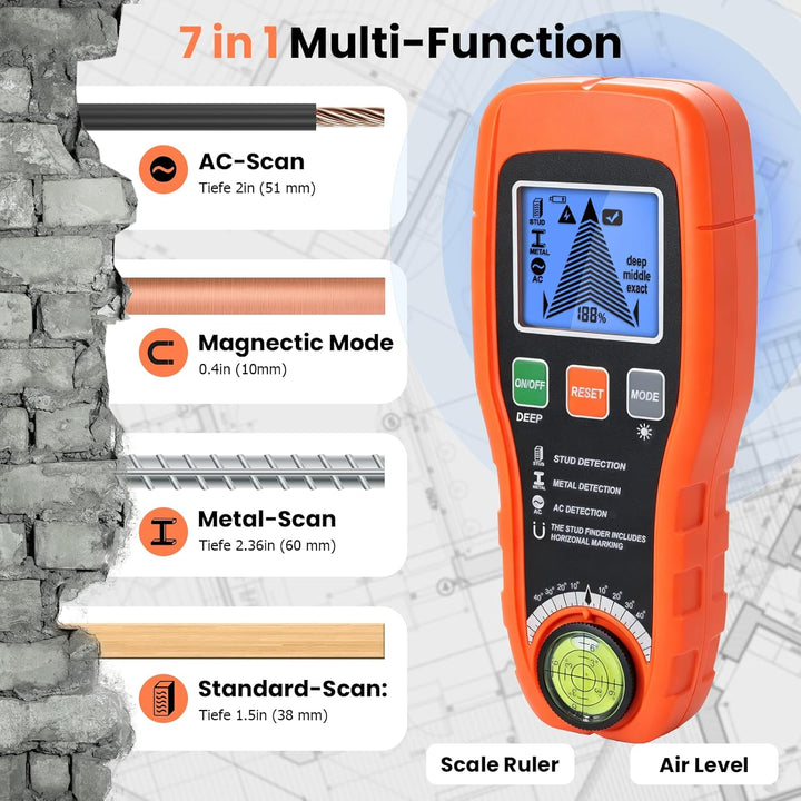 ARCELI 7-in-1 Leitungssuchgerät Leitungssucher Wandscanner mit 3 Holz-Modi,Metall,AC,Wasserwaage + N