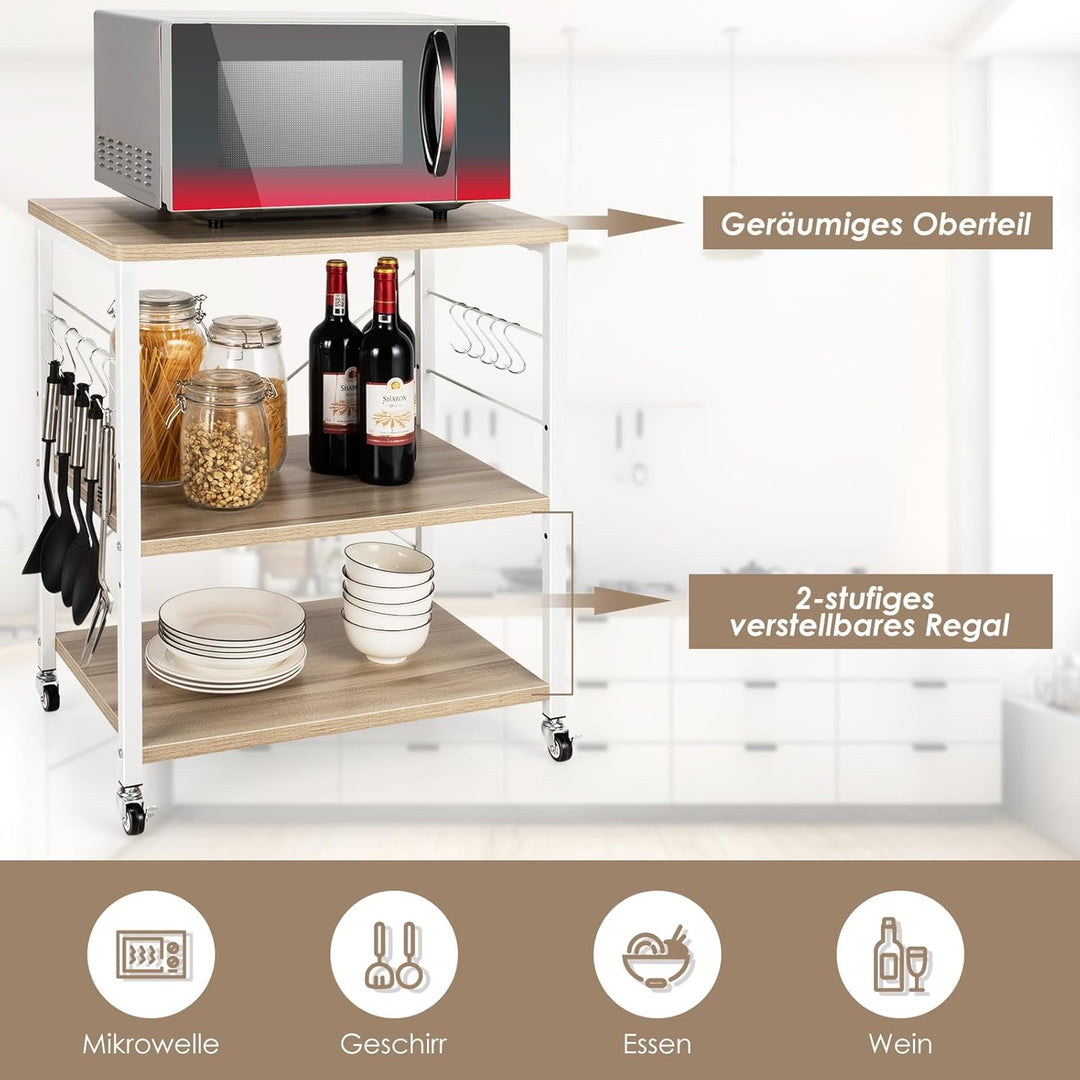 COSTWAY 3 Ebenen Servierwagen, Rollwagen mit Verstellbarer Ablage & 10 abnehmbaren Haken, Küchenwage