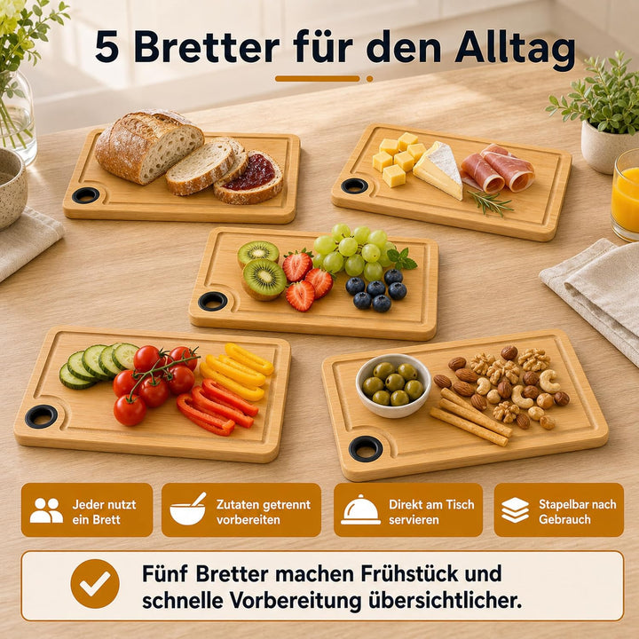 SHUESS 5 Stück Schneidebrett Set Bambus – 28x18x1 cm Frühstücksbrettchen Bambus gross, Schneidebrett