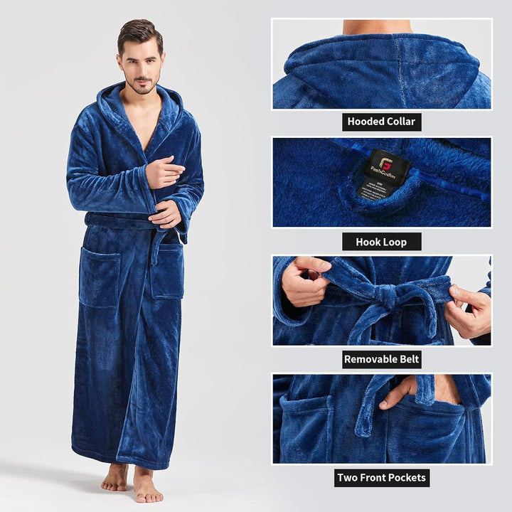 FashGudim Herren Kapuzenplüschbademantel in voller Länge. Flauschiger Bademantel für grosse und kräf