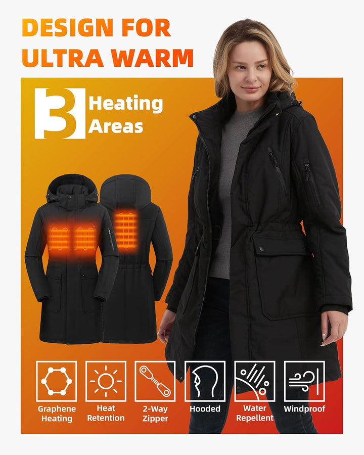 HEWINZE Beheizter Puffermantel mit Kapuze für Damen – Elektrische Dual-Control-Heizjacke mit 7,4-V-A