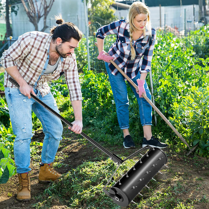 GOPLUS Rasenbelüfter, Handvertikutierer mit Stiel & 3,4cm Nägeln, rollender Aerifizierer, manueller