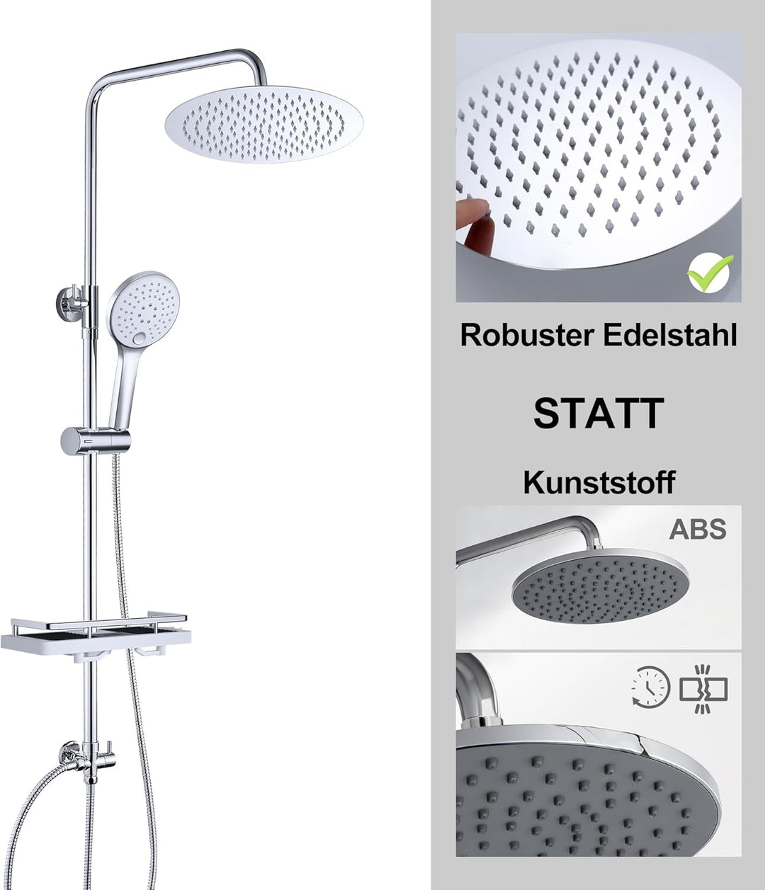 JOHO Regendusche Duschsystem ohne Armatur, Rain Shower Duschset Überkopfbrauseset aus Edelstahl mit