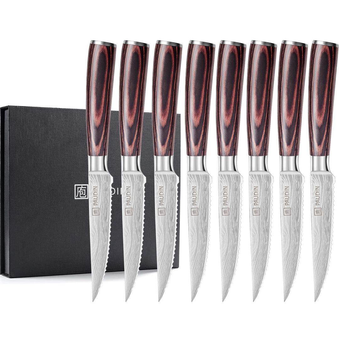 PAUDIN Steakmesser 8-teilig Set, Hochwertige Deutsche Edelstahl Steak Messer, Ultrascharfe Gezackte