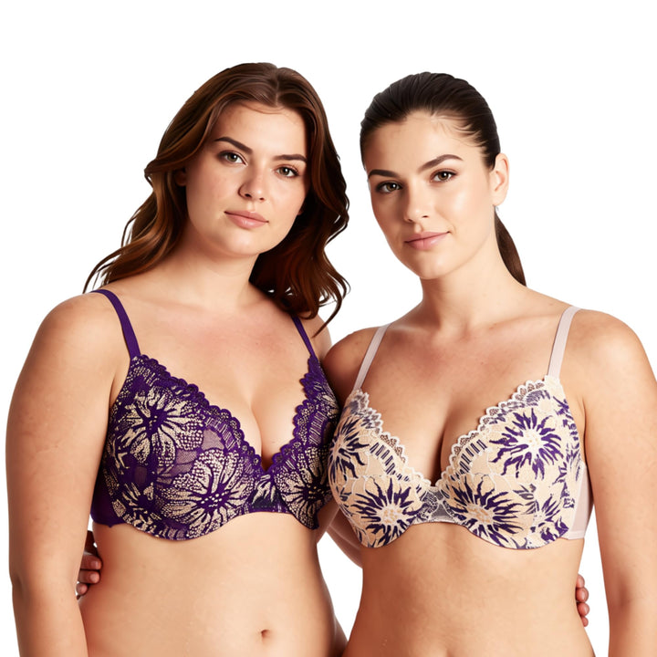 Curve Muse Damen Leicht gepolstert in Übergrösse Vollständige Abdeckung Bügel Spitzen-BH-2PK 70C Nac