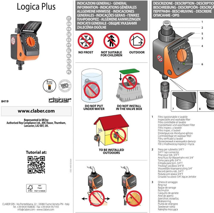 Claber Aquauno Logica Plus, Automatischer EIN-Wege-Bewässerungscomputer