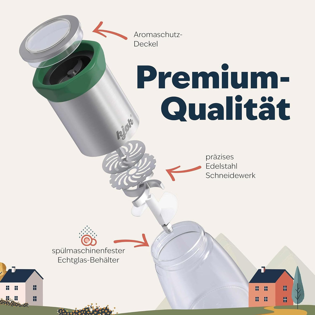 kjøk Premium Gewürzmühle aus Edelstahl & Glas Manuelle Chilimühle Kräutermühle mit Stahl Schneidwerk