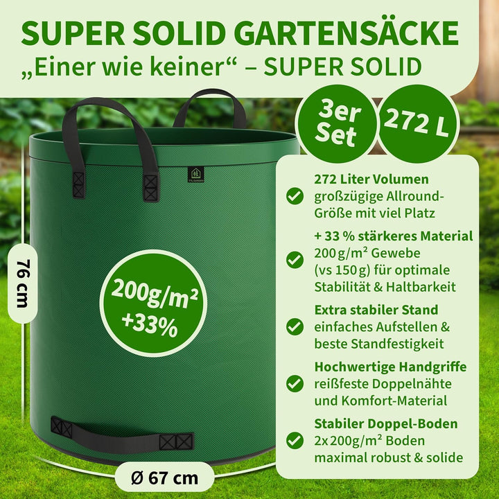 TTL Garden 3x 272L SUPER SOLID Gartensack grün - DOPPELTER BODEN 2x200 gsm extra stabil & reissfest