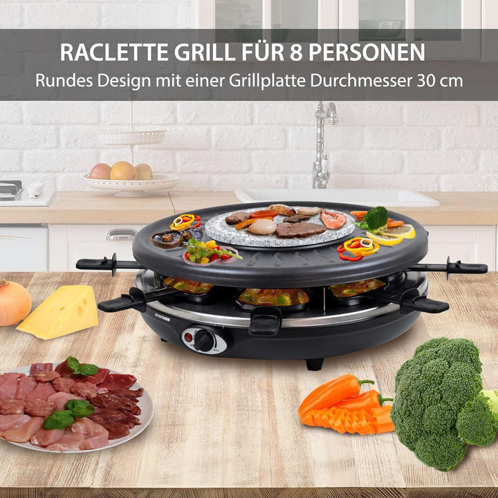 Syntrox Germany RAC-1350W-Waadt 4 in 1 Raclette Grill Fondue Heisser Stein für 8 Personen, Edelstahl