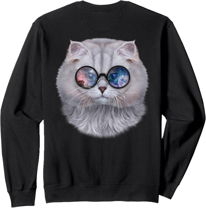 Weisse Katze, die Raumgalaxiensonnenbrille trägt Sweatshirt