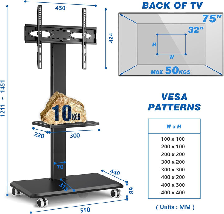 TV Ständer Rollbar Fernsehständer Bodenständer, RFIVER TV Rollwagen Wagen mit Rollen für 26-65 Zoll
