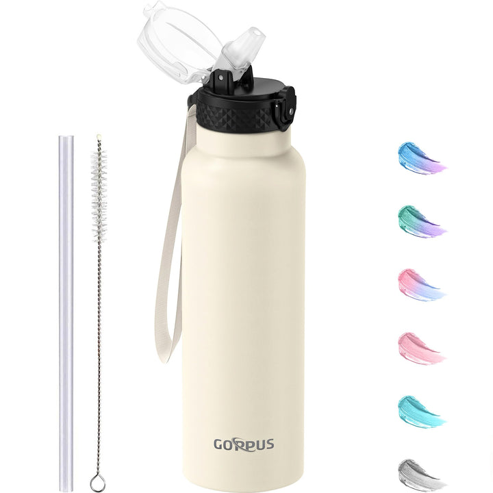 GOPPUS Edelstahl Trinkflasche-750ml mit Strohhalm,BPA frei,Kohlensäure Geeignet, Thermoskanne Vakuum
