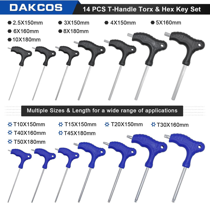 DAKCOS 14 tlg Torx Schlüssel Sechskantschlüssel Set mit T-Griff Innensechskant-Stiftschlüssel Torx-S