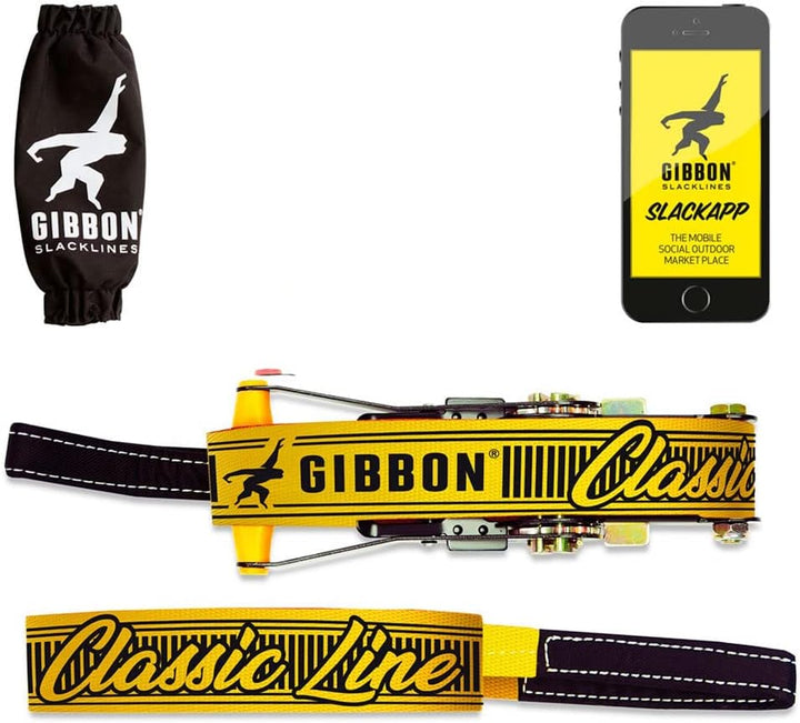 Gibbon Slacklines Classic Original Komplett-Set | 25m | TÜV Geprüft | Balance und Spass mit Trampoli