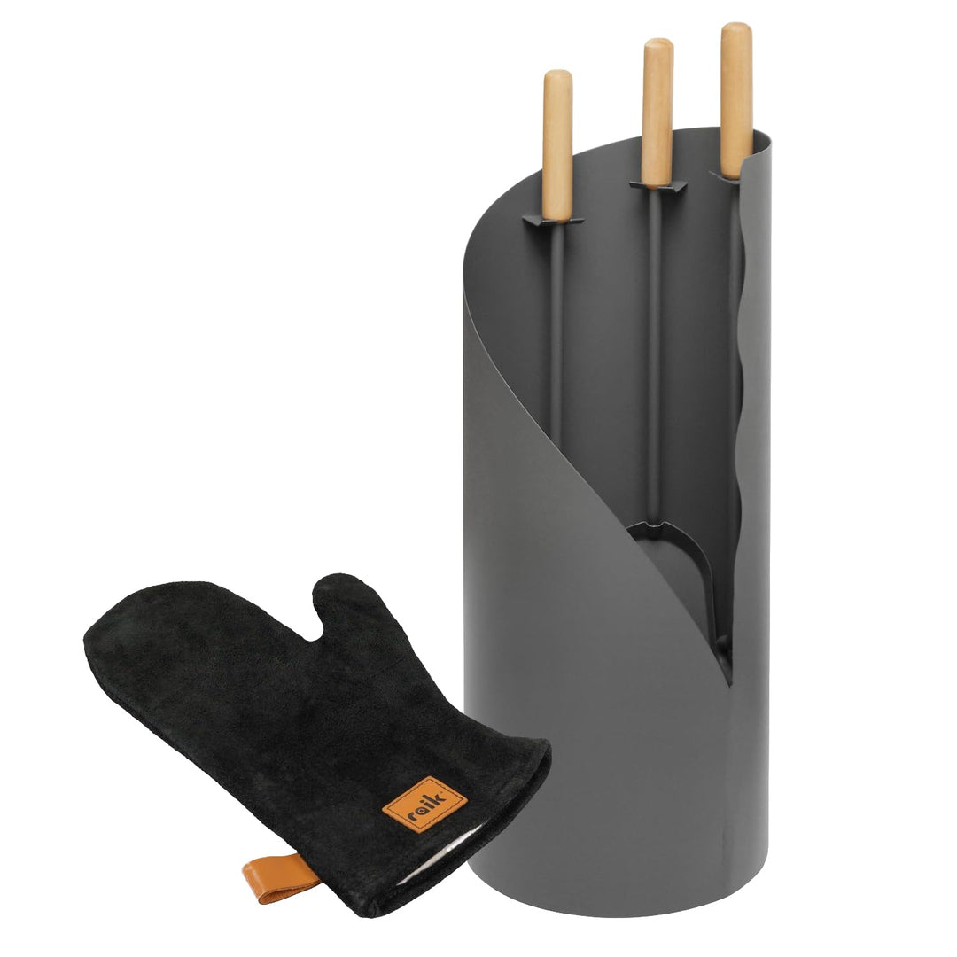 raik Kaminbesteck Set Otto 3-teilig inkl. Rindsleder Ofenhandschuh schwarz Kamingarnitur Stahl grau