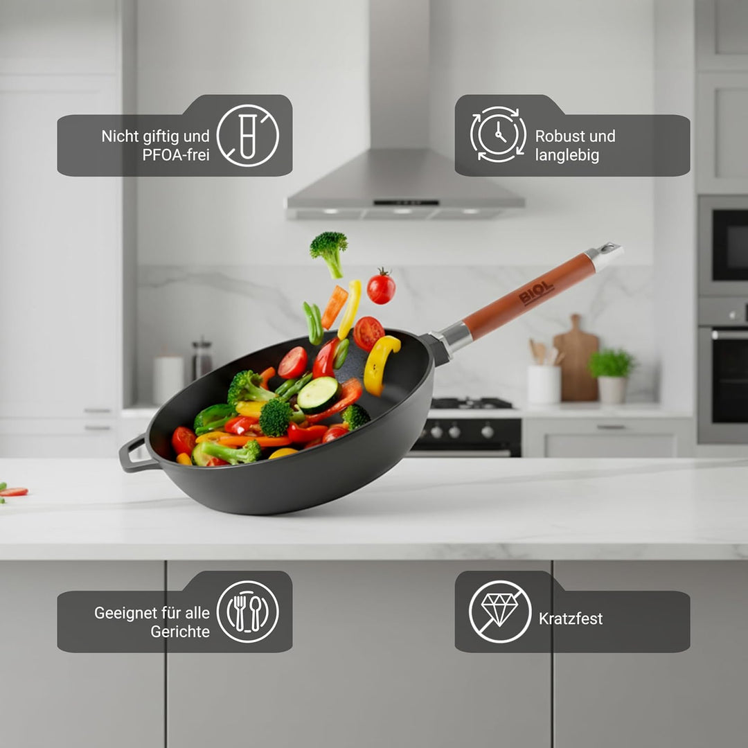 BIOL Gusseisenpfanne 22 cm mit Glasdeckel – tiefe Bratpfanne | Abnehmbarer Holzgriff, Ohne Beschicht