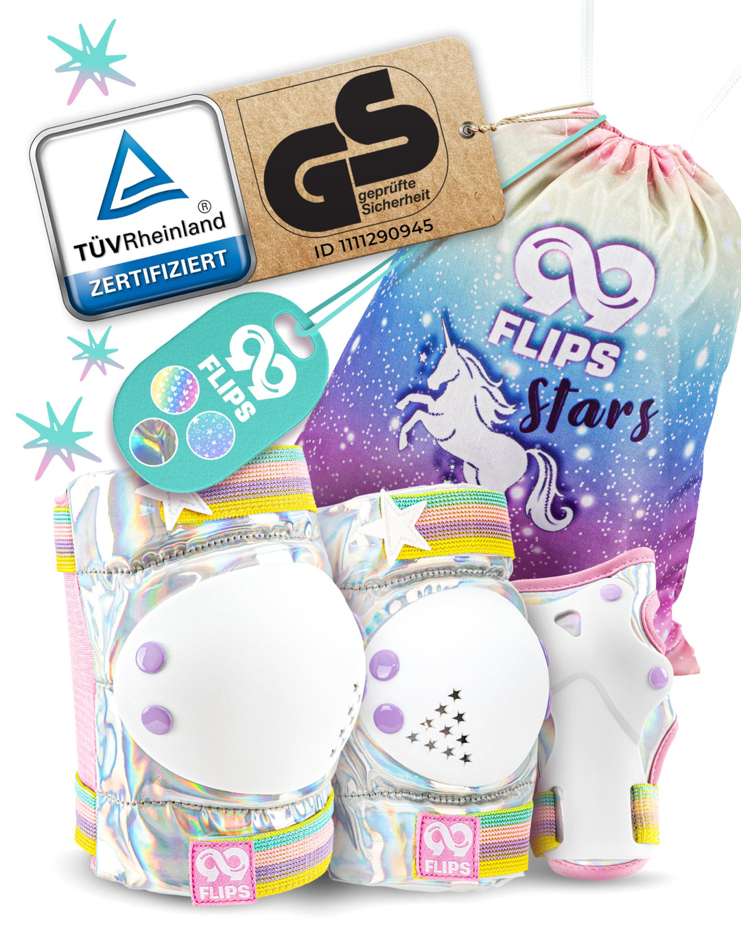 99FLIPS Inliner Schoner Kinder Set - TÜV Rheinland GS Zertifiziert [6er Set] mit Einhorn Beutel für