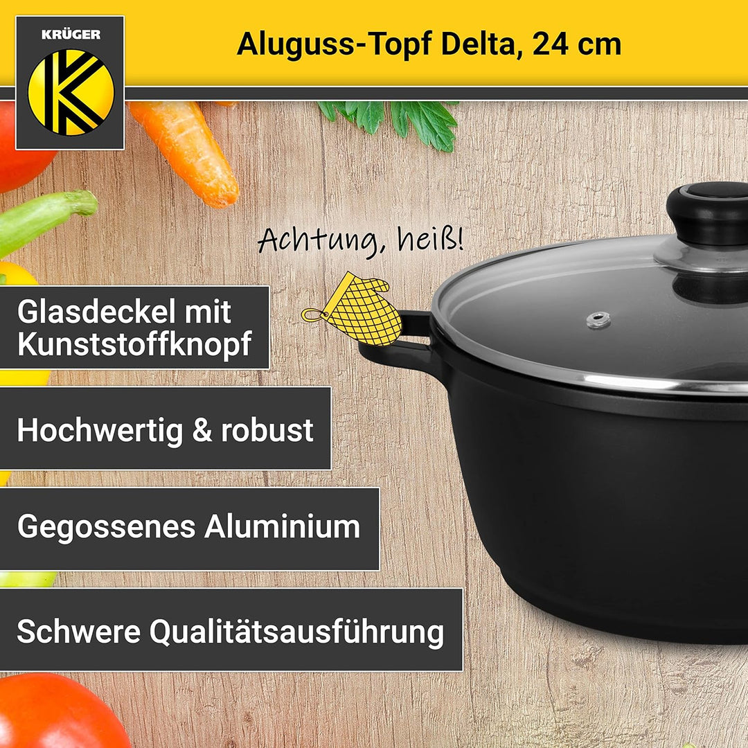 Krüger Aluguss-Topf Delta mit Glasdeckel - 24 cm - Kochtopf für gesunde & fettarme Speisen - geeigne