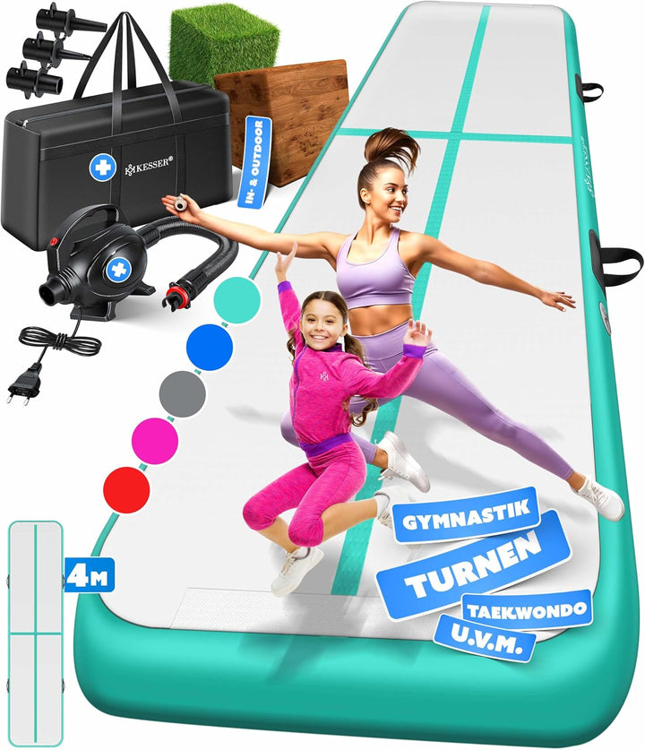 KESSER® Turnmatte Aufblasbar Airtrack Fitness-Matte Gymnastikmatte | inkl. Tragetasche & elektr. Luf