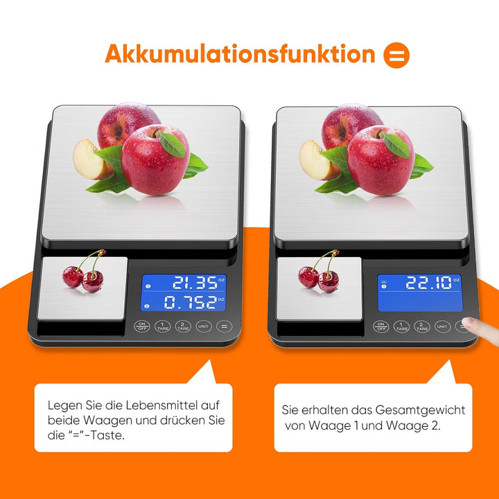 BRICH Digitale Küchenwaage mit Dual-Plattform, 15kg/1g & 500g/0.01g Präzisionswaage mit Tara- & Summ