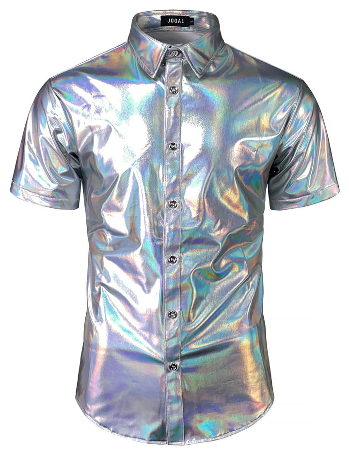 JOGAL Herren Metallic Glänzend Bronzing Nachtklub Party Hemd Silber Schimmern L, Silber Schimmern L