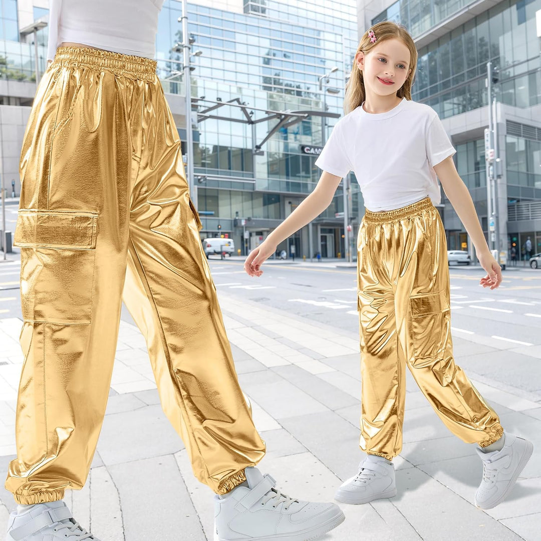 Rolanko Cargo Hosen für Mädchen, Metallische Tanz Hip Hop Hosen für Kinder Mit Elastischem Bund, Ret