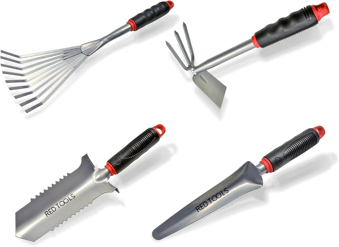 Red Tools Profi Garten -Set 4 TLG. - Multifunktions- Gartenschaufel mit Wurzelsäge, Kombihacke, Pfla