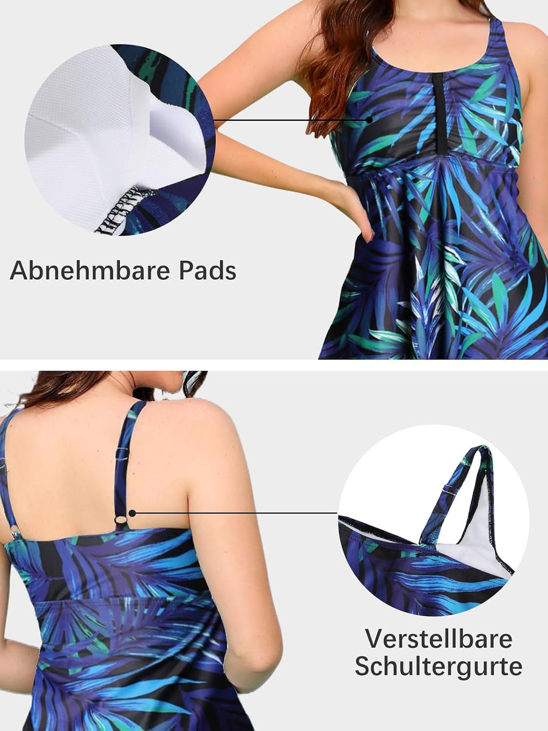 Ecupper Damen Tankini Set Badekleid Blumen Muster Badeanzug mit Shorts Swimsuit Übergrösse S Grünes