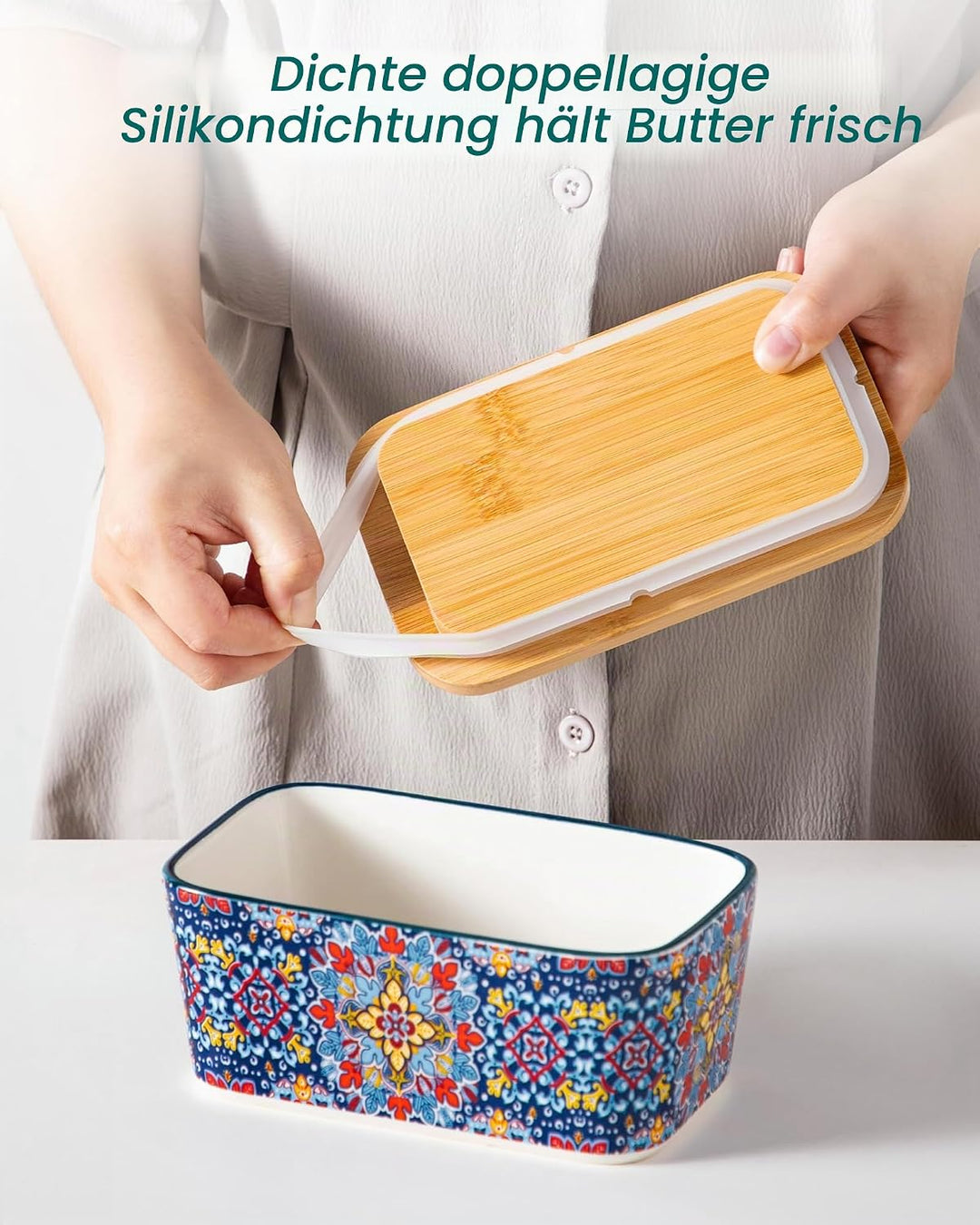 vancasso SIMI Butterdose, Hochwertige Butterglocke, Butterdose Keramik mit Messer und Holzdeckel, Bö