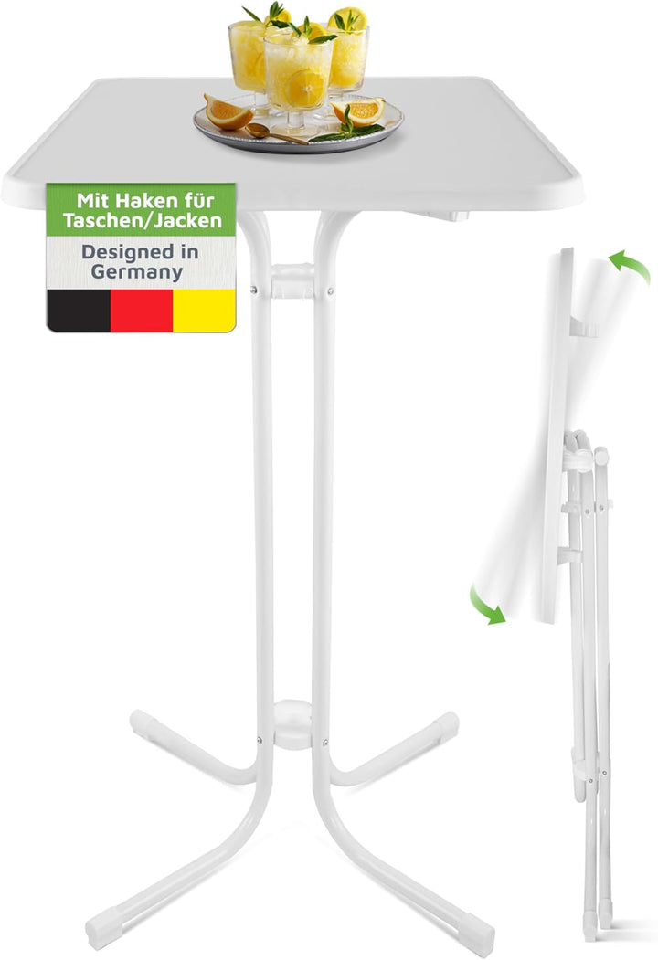 BeFair Stehtisch Klappbar Weiss Rechteckig 60 x 80 cm Ela - Stabiler Partytisch in Höhe 110 cm mit 4