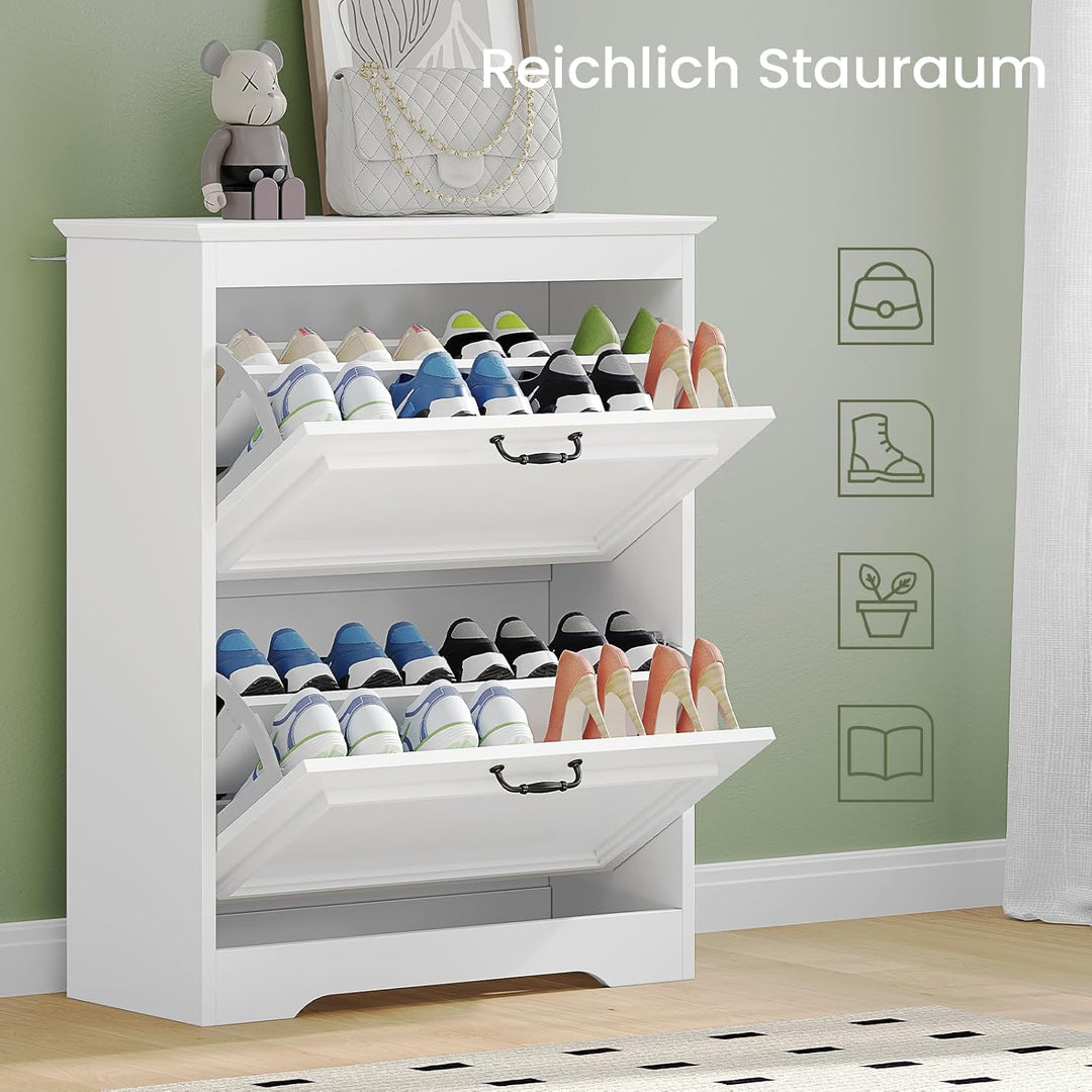 Schuhschrank Weiss Schuhkipper mit 2 Klappen, Schuhkommode Schuhregal mit Trennwände verstellbar und